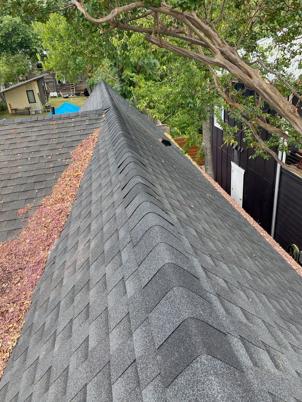 Aerial view of a sloped roof covered in fallen leaves and surrounded by trees.