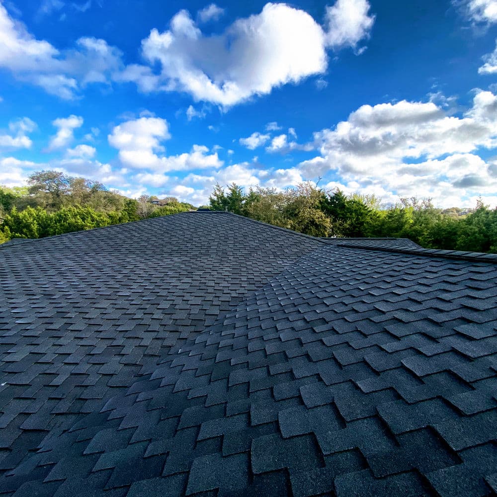 Black shingle roof with a panoramic sky and clouds in the background against green trees.